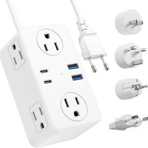 European Travel Plug Adapter, EU/UK/US Travel Plug Adapter Power Strip, 6 AC Outlets, 4 USB Ports (2 USB C), 3ft Wrapped Around Extension Cord, Compact for Travel