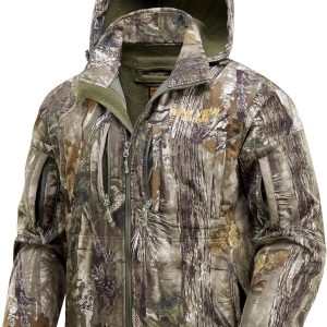 Camo Hunting Jackets for Men, Warm Fleece Lined Hunting Jacket with Hood, Quiet Water Resistant Hunting Clothes