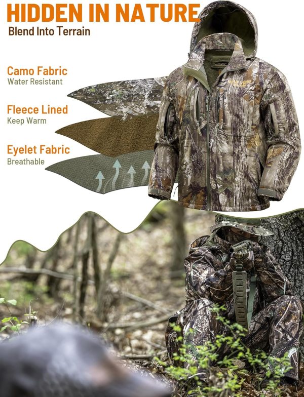 Camo Hunting Jackets for Men, Warm Fleece Lined Hunting Jacket with Hood, Quiet Water Resistant Hunting Clothes - Image 2
